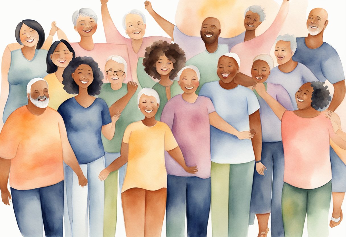 A diverse group of people celebrating their bodies post-cancer, embracing scars and imperfections with confidence and joy