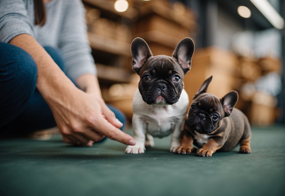 A person carefully choosing a French Bulldog puppy from a selection of adorable, wrinkle-faced pups at a reputable breeder's facility