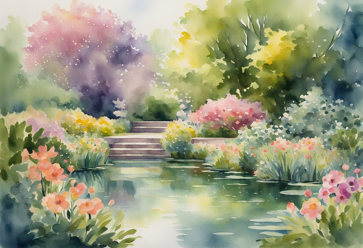 A serene garden with blooming flowers and a tranquil pond, surrounded by lush greenery and bathed in warm sunlight
