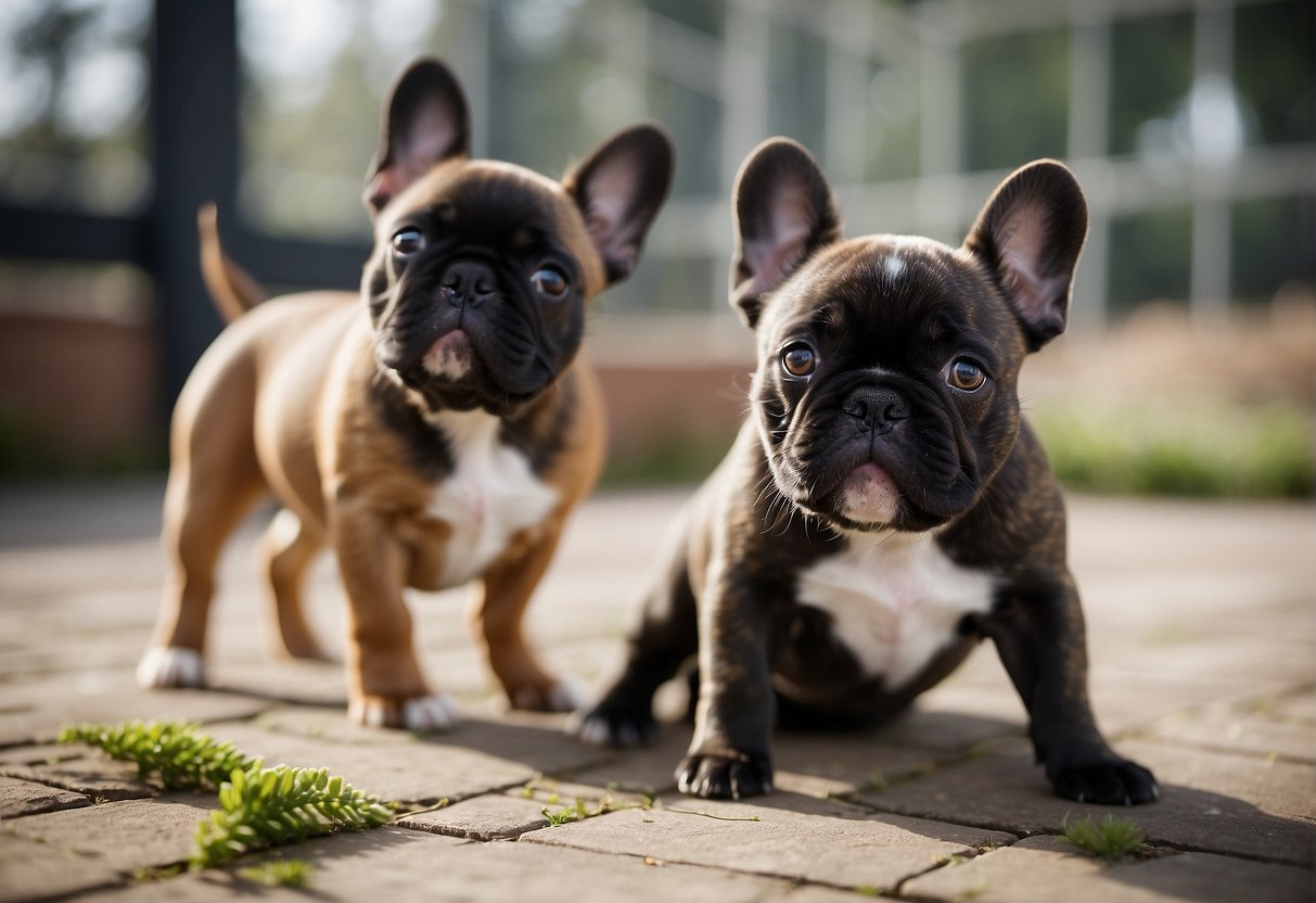 A spacious, clean, and well-lit breeding facility with happy, healthy French bulldog puppies playing and interacting with each other