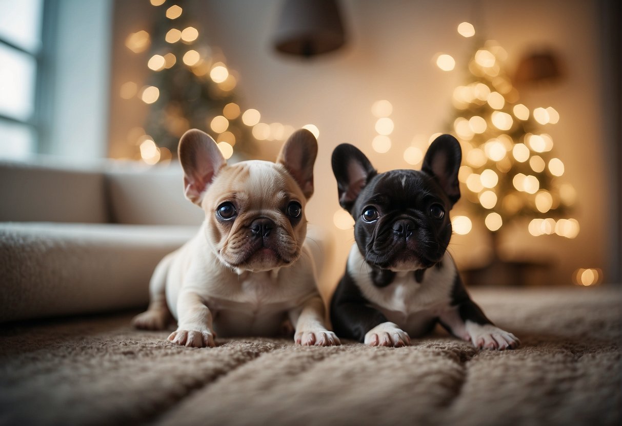French bulldog puppies playing in a cozy, well-lit room with a sign displaying "After Purchase Support and Guarantees" from the best breeders in America