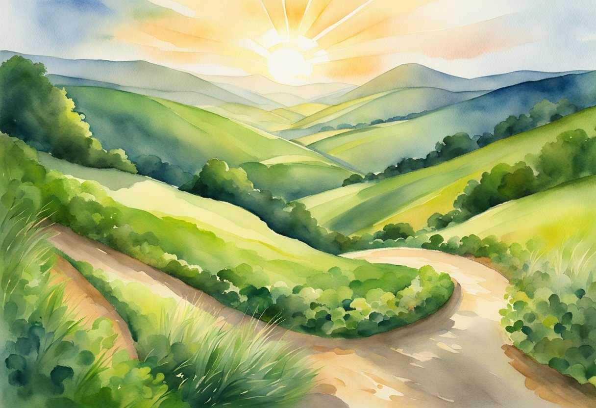 A winding path leads through lush green hills, symbolizing the journey of recovery. A vibrant sun shines overhead, casting a warm glow on the landscape
