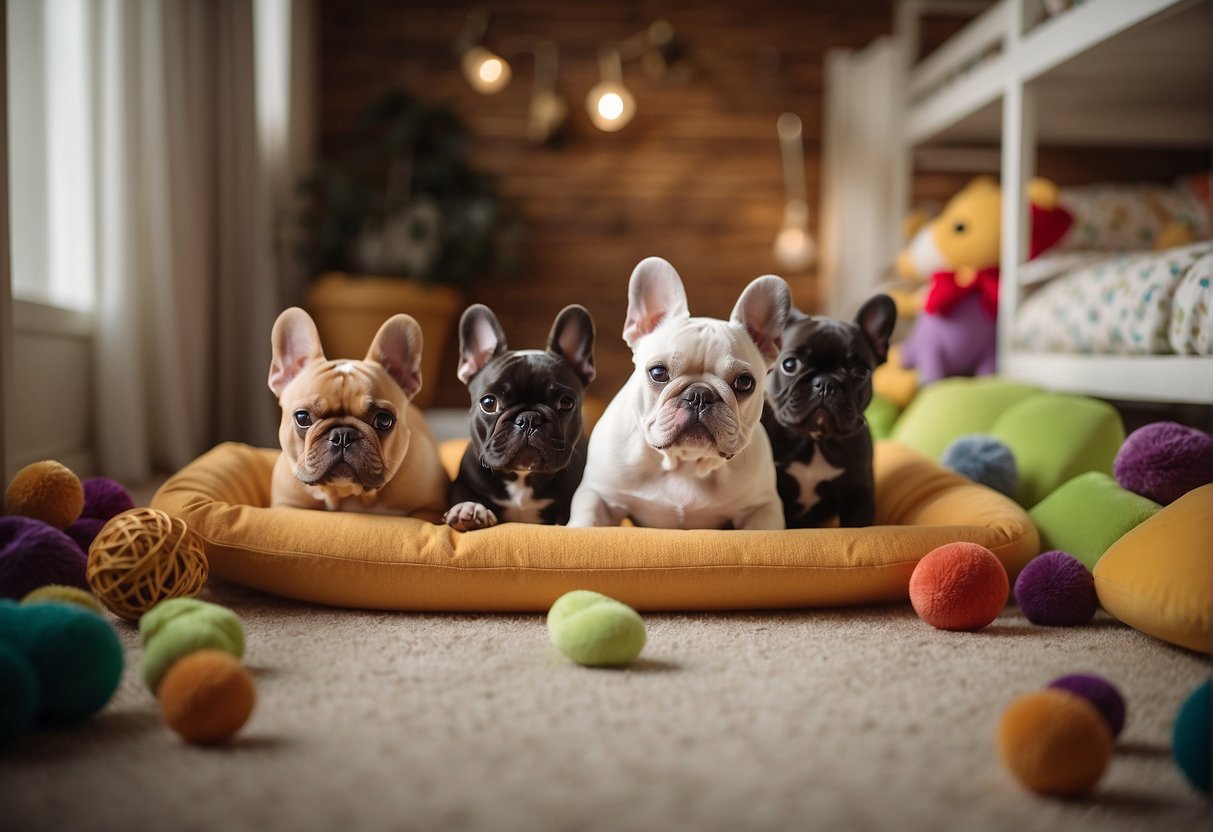 French bulldogs playing in a spacious, well-lit kennel, surrounded by toys and cozy bedding. A sign above reads "Best French Bulldog Breeders in America."