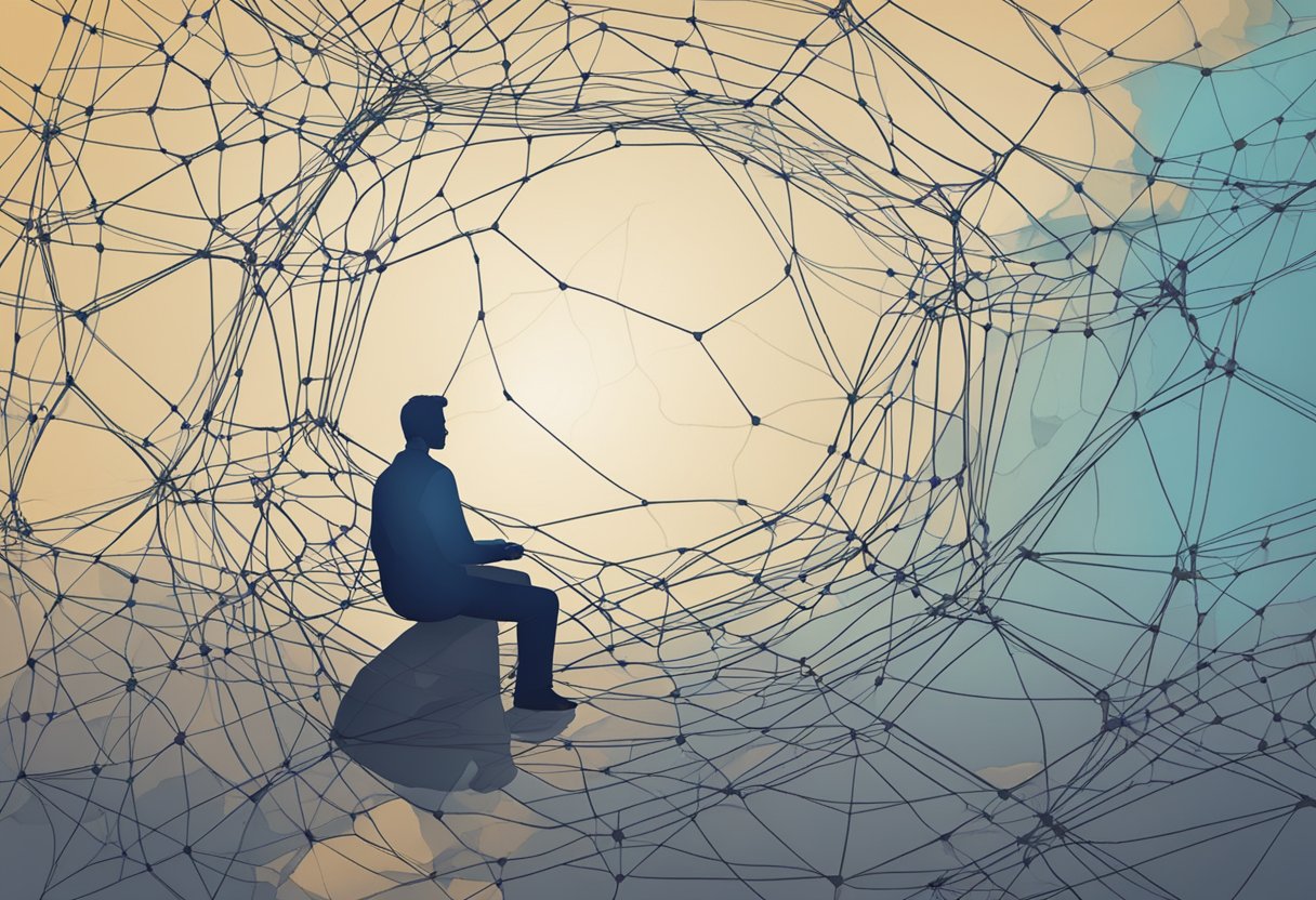 A person sitting alone, surrounded by a web of interconnected factors: stress, trauma, genetics, and social isolation