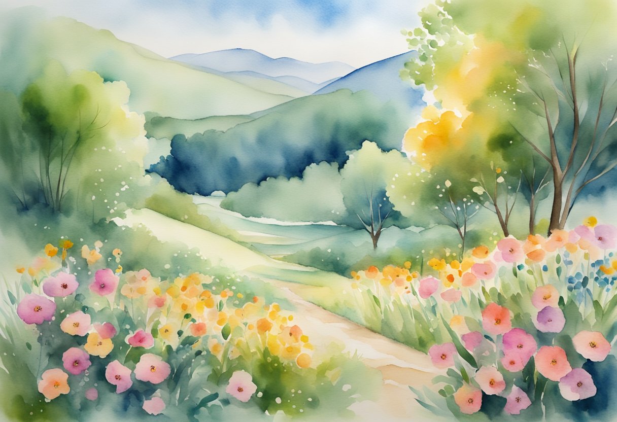A serene landscape with vibrant flowers and a gentle breeze, symbolizing emotional healing and body positivity post-cancer