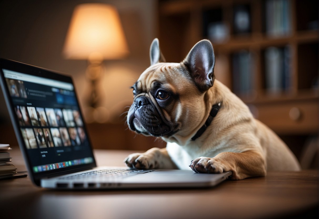 A person researching online, contacting breeders, and visiting kennels to select a French Bulldog breeder in California