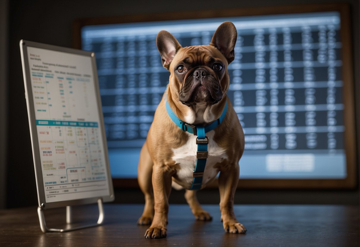 A French Bulldog stands proudly, showcasing its unique coat and sturdy build. A genetic health chart and breeding guidelines are displayed in the background