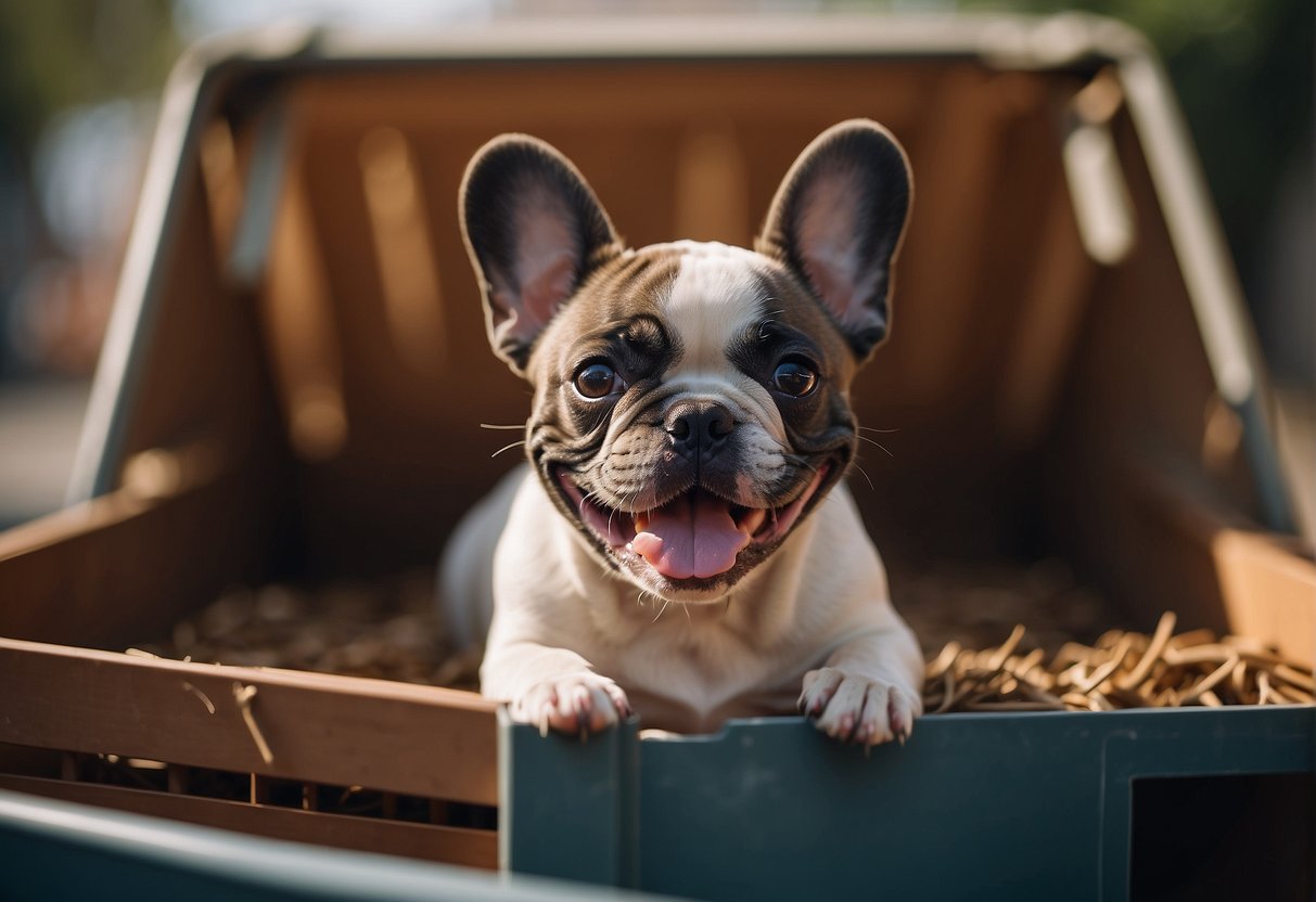 A French bulldog puppy eagerly exits its crate, tail wagging, as its new owner smiles with excitement