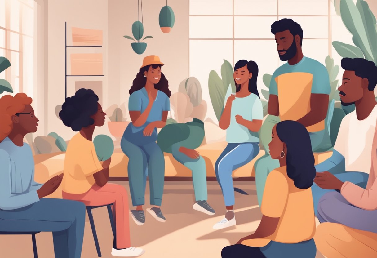 A group of diverse individuals engage in supportive activities, such as group therapy or community events, to address mental and emotional health challenges
