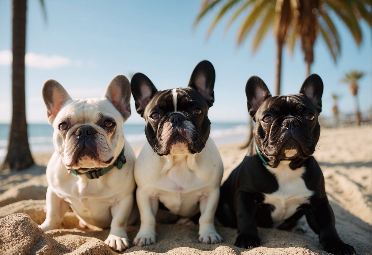 French Bulldogs basking in the California sun, surrounded by palm trees and beach vibes