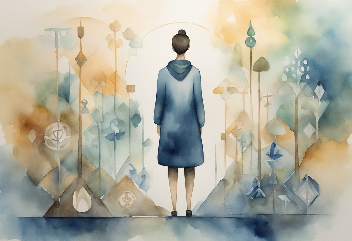 A person standing confidently, surrounded by symbols of strength and support, with a subtle hint of resilience and hope