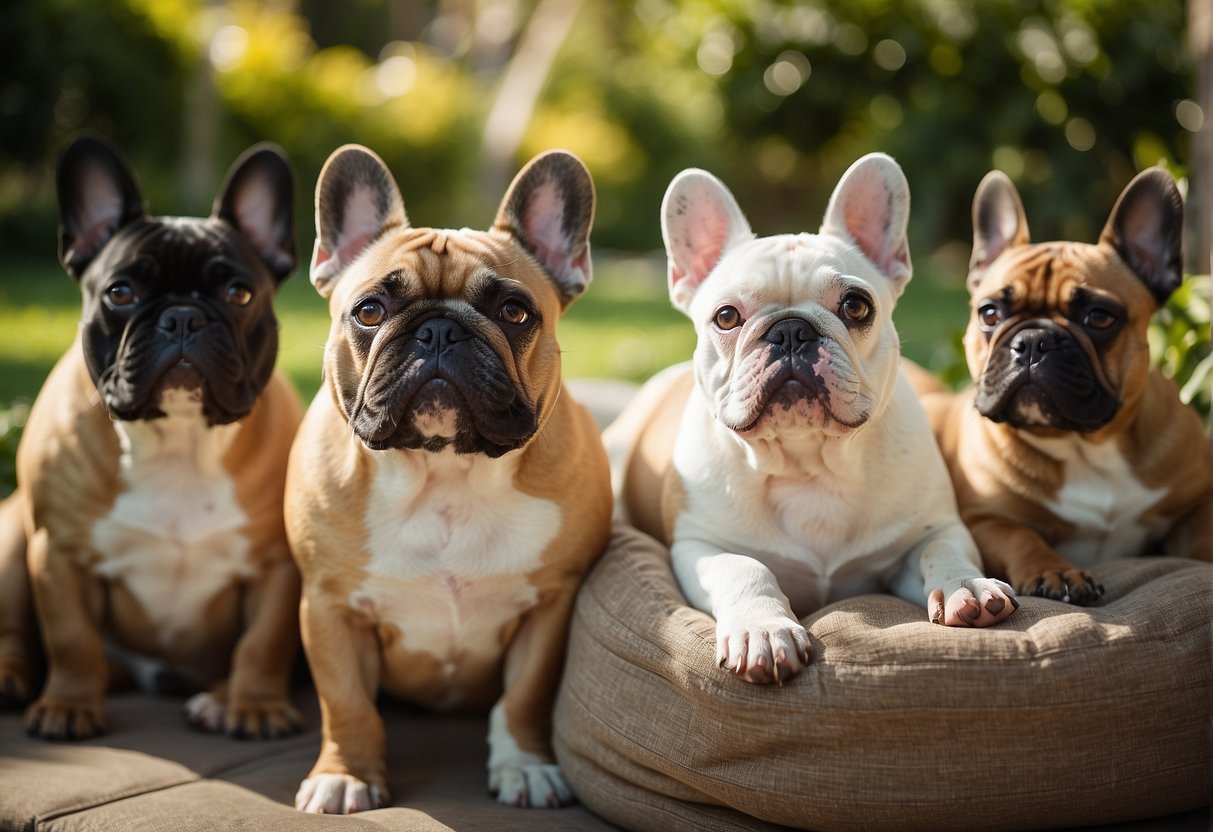 French bulldogs lounging in a sunny California backyard, surrounded by lush greenery and playful puppies. A sign reads "Best French Bulldog Breeders in California" in the background