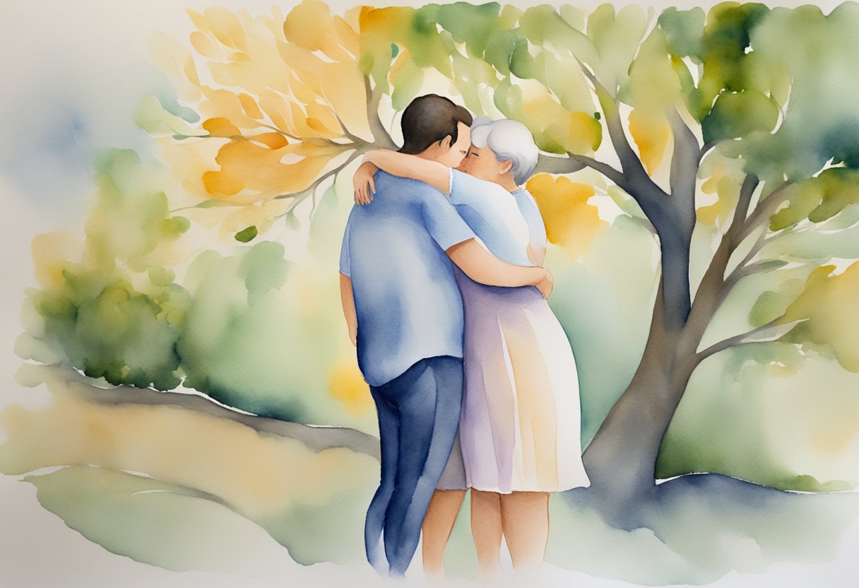 A couple embraces in a warm, tender hug, their bodies intertwined in a loving and supportive manner. The scene exudes a sense of comfort and acceptance, emphasizing body positivity and intimacy post-cancer