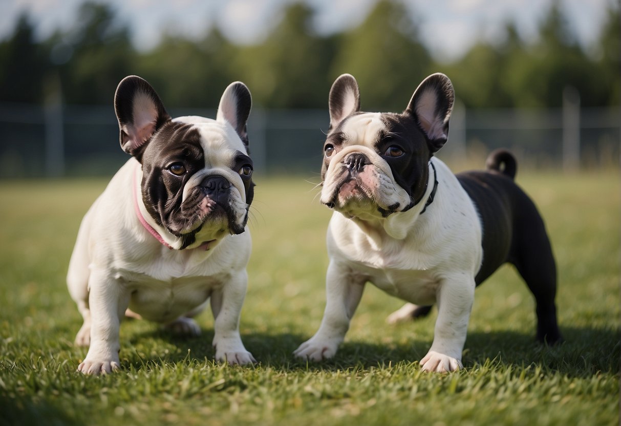 French bulldogs playfully interact in a spacious, clean and well-maintained breeding facility in Canada. The dogs are healthy, happy, and well-cared for by the attentive breeders