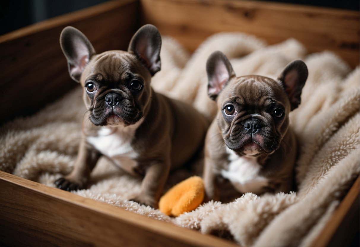 French Bulldog puppies playing in a cozy whelping box, surrounded by soft blankets and toys. The puppies are cuddled together, with their round, expressive eyes and adorable wrinkled faces