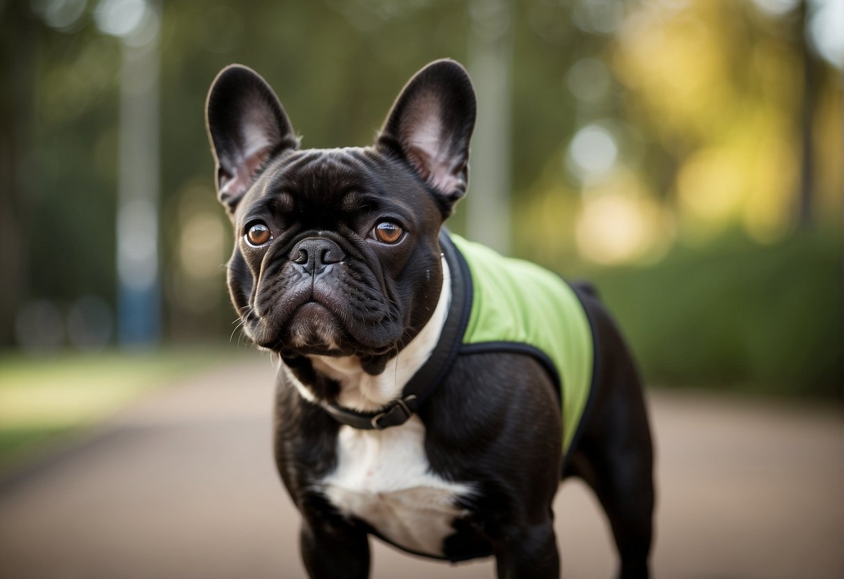A French Bulldog stands tall and proud, showcasing its characteristic bat-like ears and compact, muscular build. The dog's coat is smooth and shiny, with a variety of colors and patterns