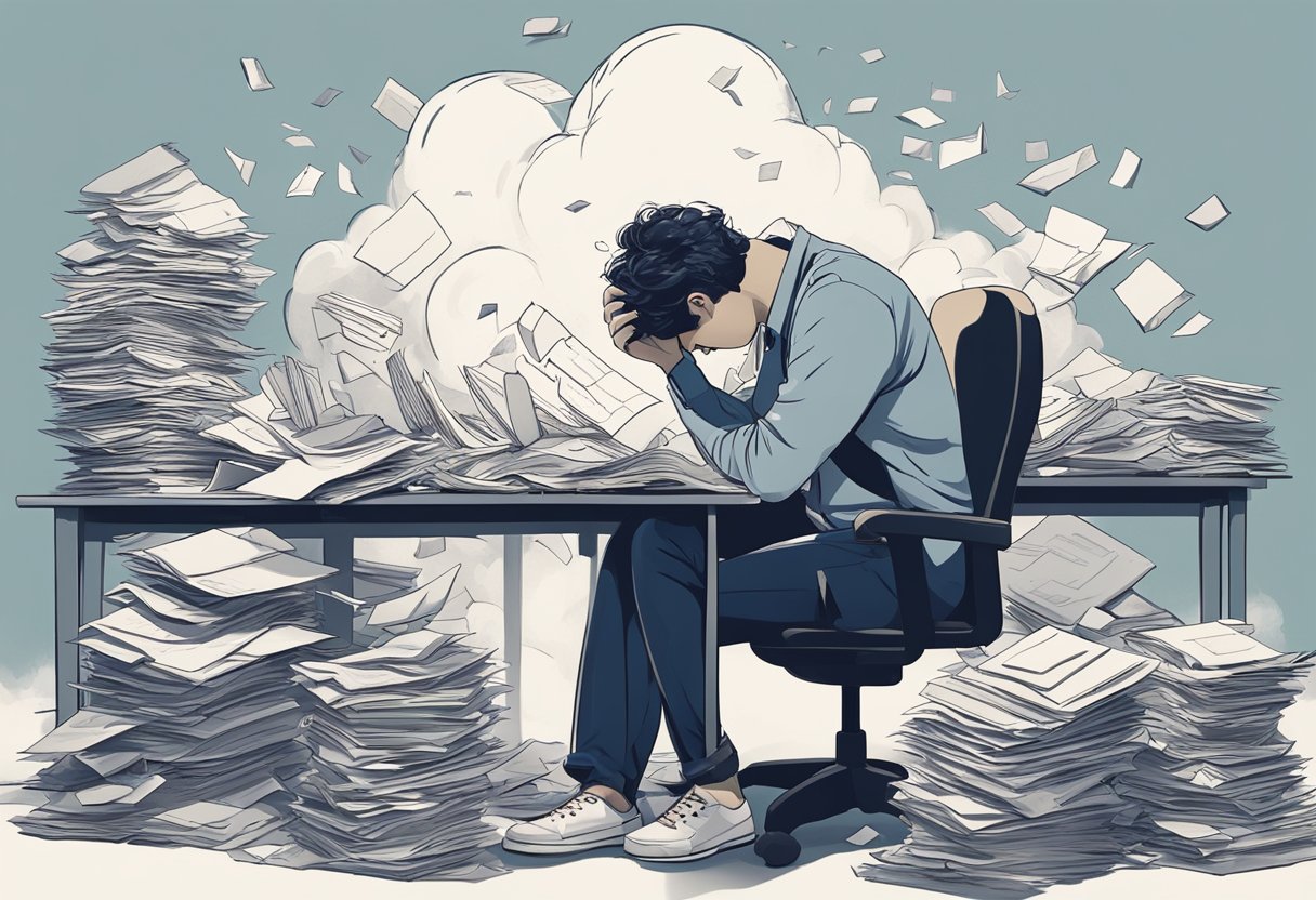 A person sits at a desk, head in hands, surrounded by scattered papers and a disorganized workspace. A cloud of frustration and stress hovers above them, while a dim light symbolizes a lack of mental clarity