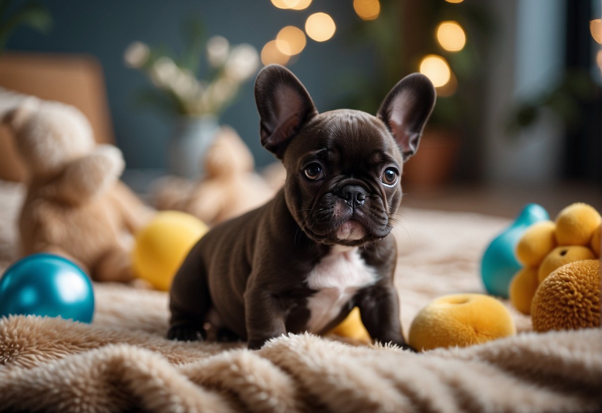 French bulldog puppies playing in a spacious, clean and well-lit area, with toys and comfortable bedding, surrounded by caring breeders offering lifetime support