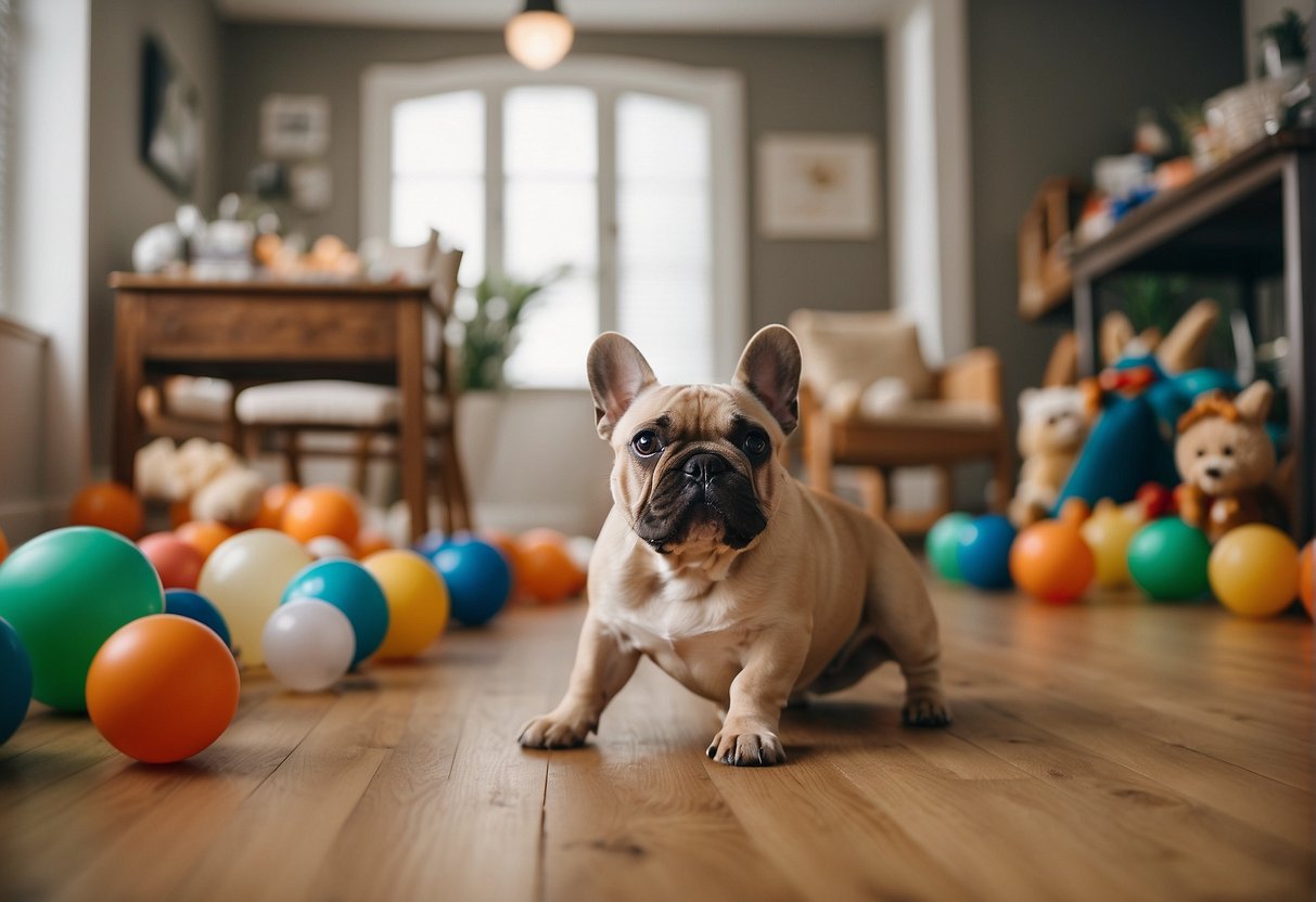 French bulldogs playing in a spacious, well-lit room with toys scattered around. A sign on the wall reads "Frequently Asked Questions: Best French Bulldog Breeders in Canada."