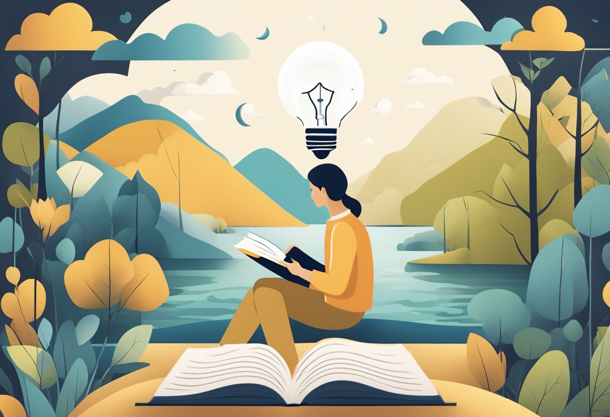 A person reading a book with a lightbulb above their head, surrounded by calming nature scenes and a puzzle to represent the connection between emotional and intellectual health