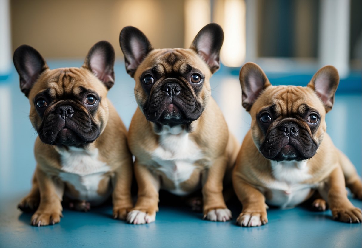 A group of well-groomed French bulldogs play in a spacious, clean and well-maintained breeding facility in Europe