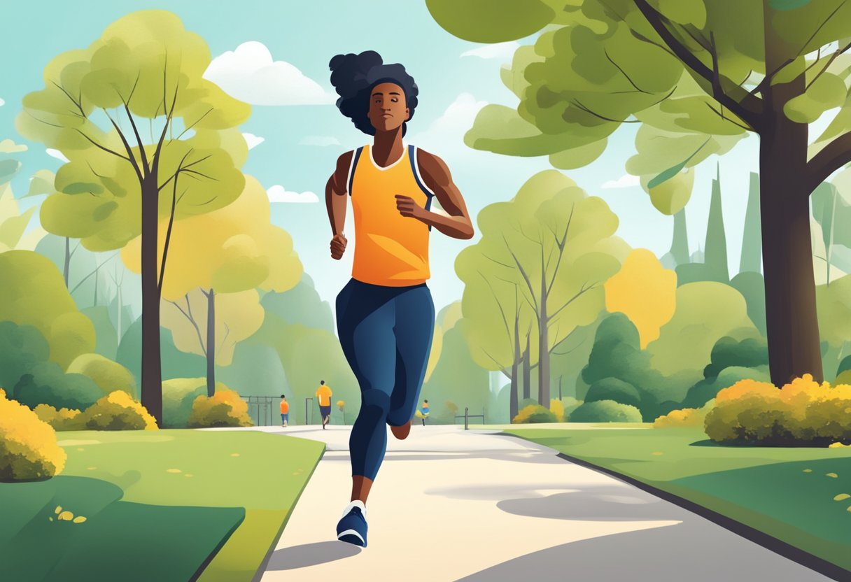 A person jogging in a park with a clear mind and focused thoughts, symbolizing the connection between physical, emotional, and intellectual health