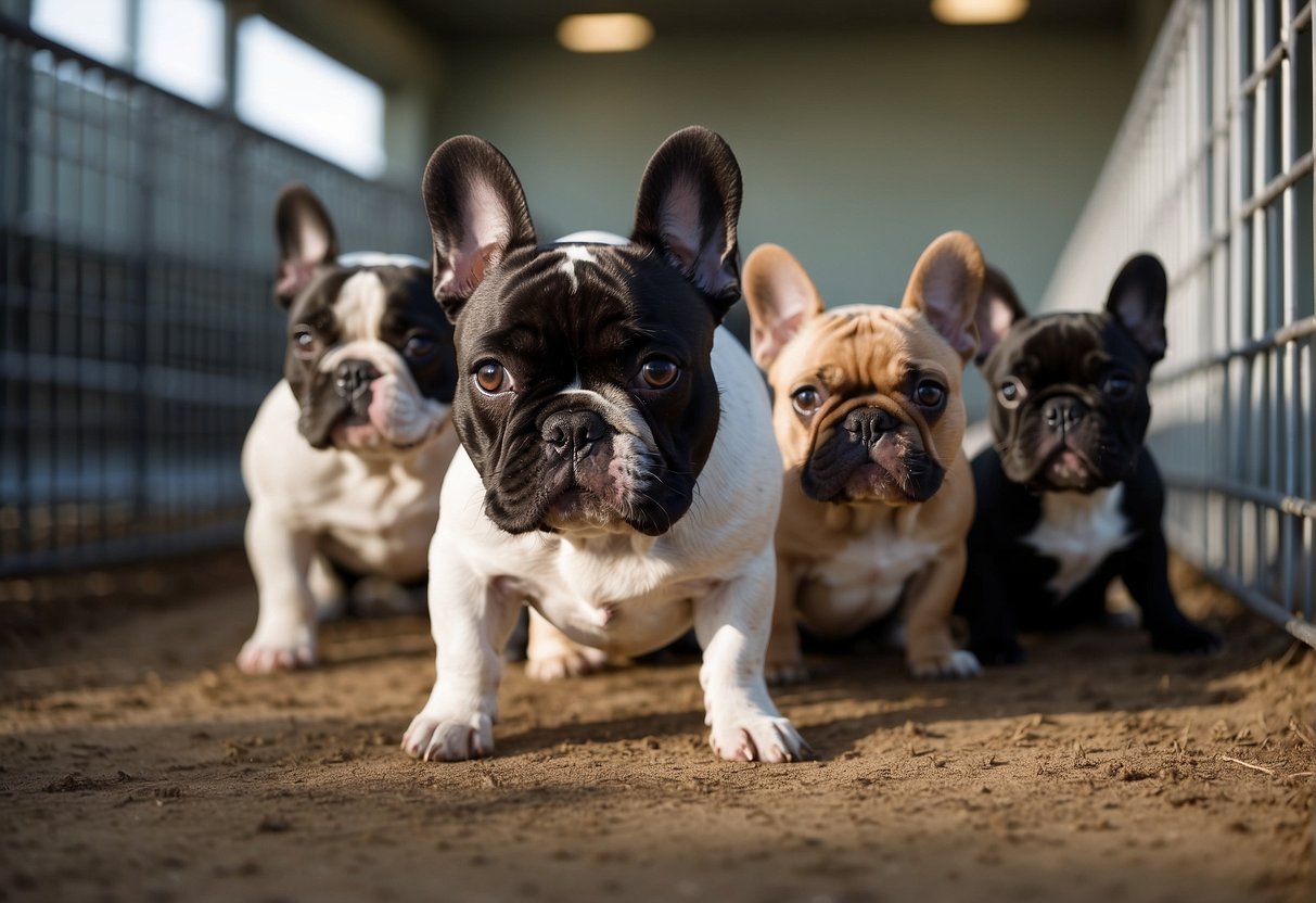 A group of French Bulldogs play in a spacious, clean and well-maintained kennel. The breeder's facilities are organized and professional, with plenty of space for the dogs to roam and play