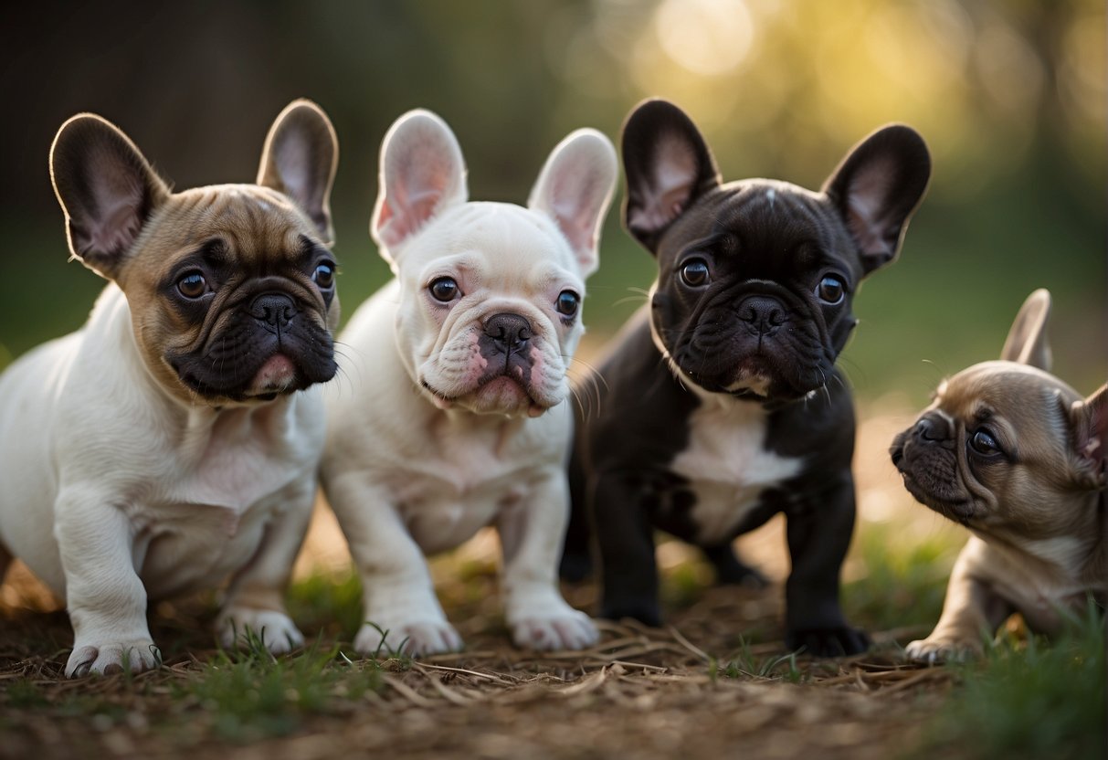 A litter of French Bulldog puppies playfully interact with each other, showcasing their unique coat colors and markings. A reputable breeder oversees the interaction, ensuring the health and well-being of the puppies