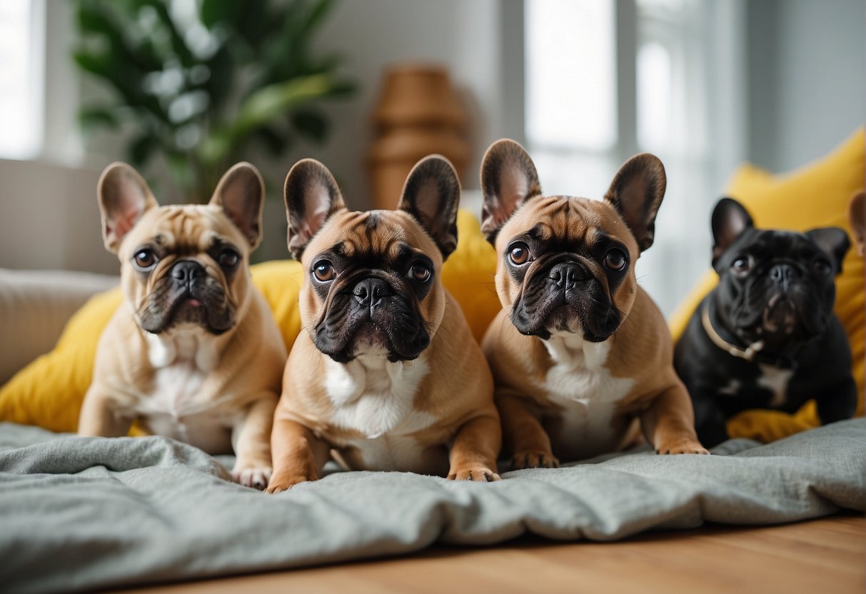 A group of well-cared-for French bulldogs play in a spacious and clean environment, surrounded by toys and comfortable bedding