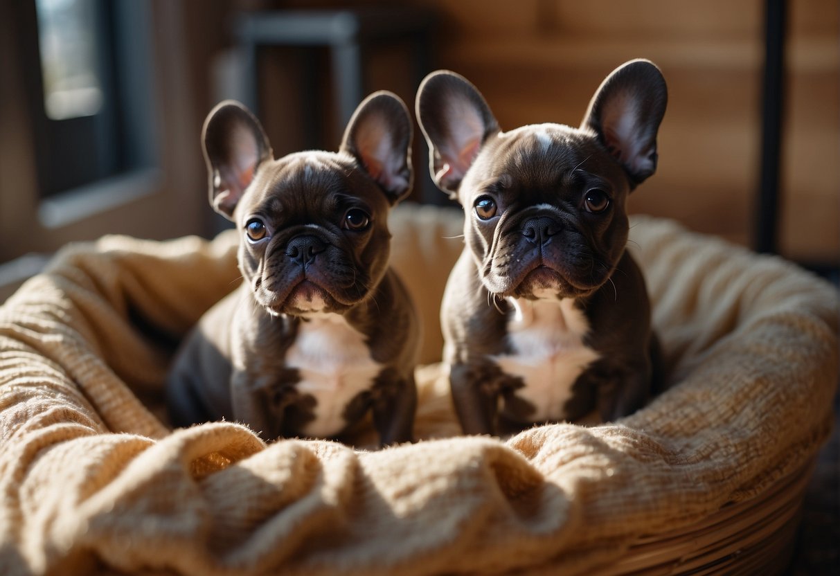 French bulldog puppies playing in a spacious, sunlit kennel with cozy bedding and toys, while breeders answer questions from interested visitors