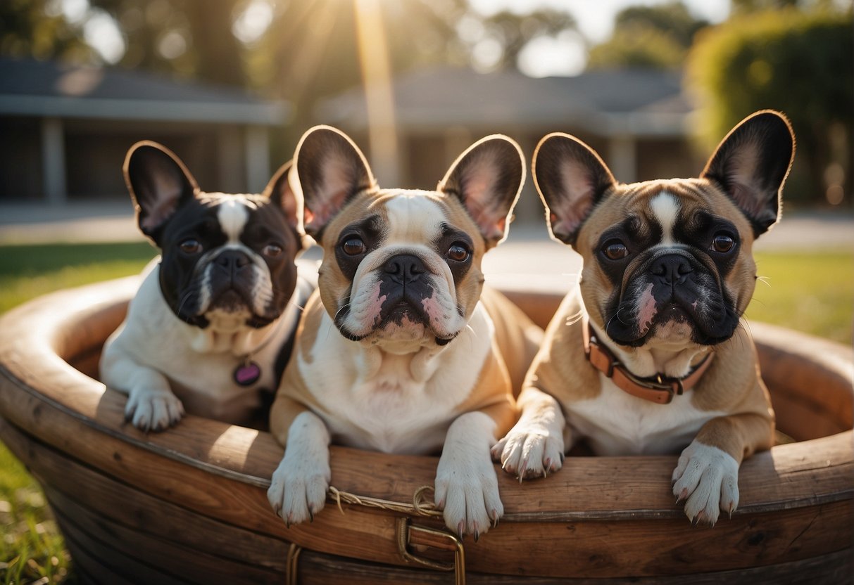 A sunny Florida landscape with a cozy, well-kept kennel featuring happy and healthy French Bulldogs playing and lounging in a spacious outdoor area