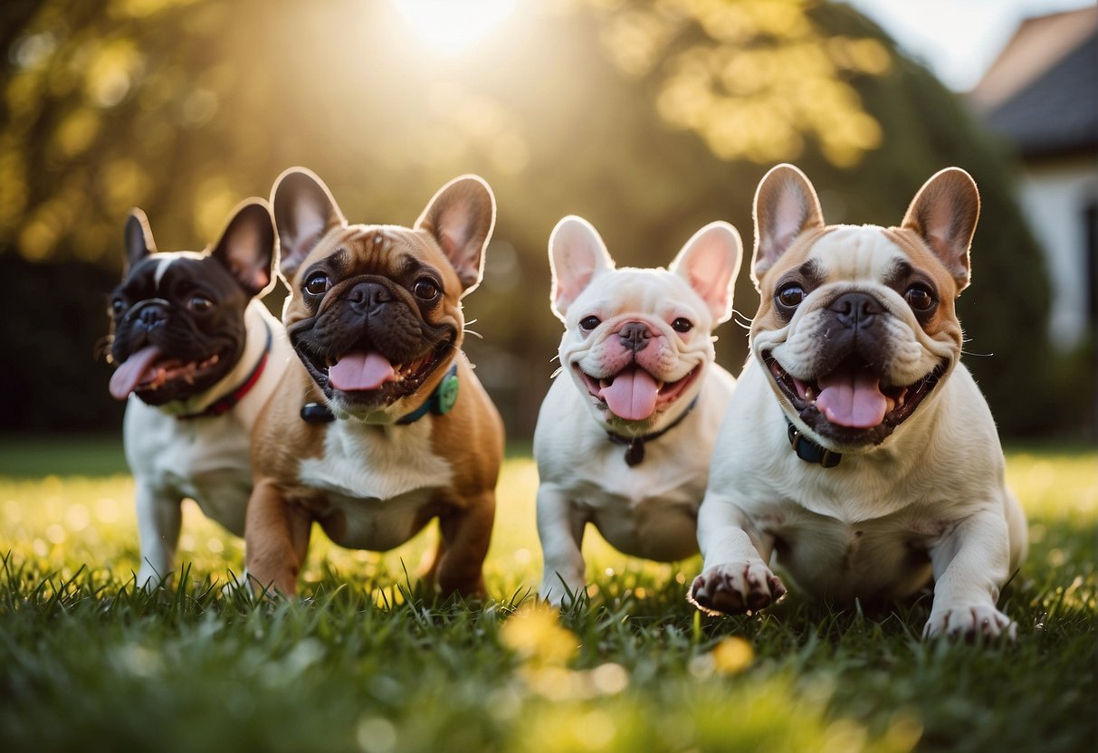 A group of French Bulldogs frolic in a spacious, sunlit yard, playing with toys and interacting with each other. They appear healthy, happy, and well-cared for, showcasing the breed's well-being
