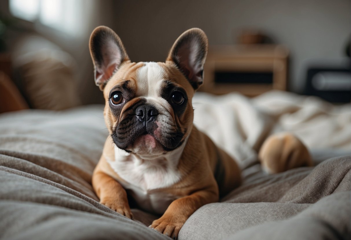 Playful French Bulldog puppies interact with each other and humans in a spacious, well-lit room with toys and comfortable bedding