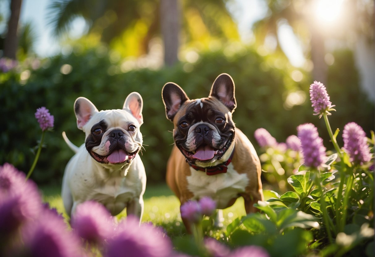 French bulldogs playfully interact in a spacious, sunlit Florida backyard, surrounded by lush greenery and colorful flowers