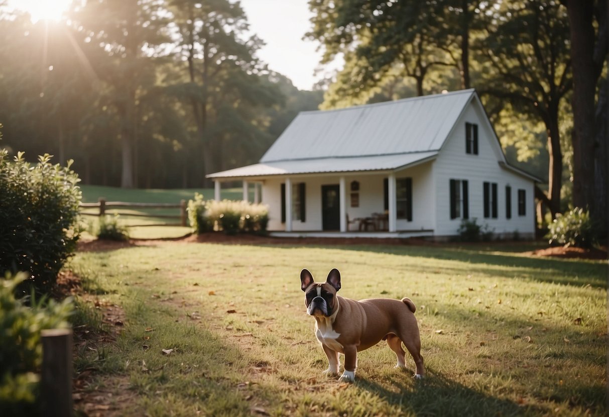 A cozy farmhouse in rural Georgia, with a spacious yard and a charming dog kennel. French bulldogs playfully roam around, while the breeders carefully tend to their needs