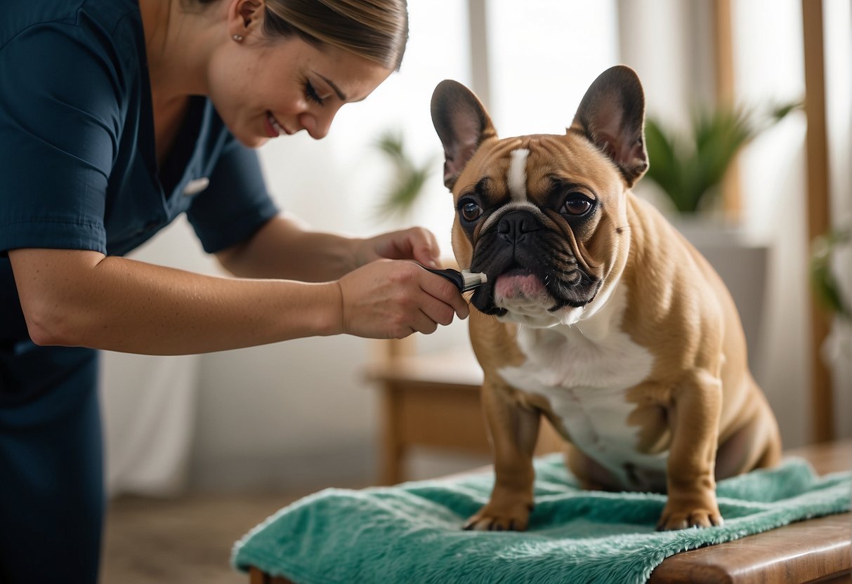 A French Bulldog being groomed and pampered by a caregiver with a gentle brush and loving attention