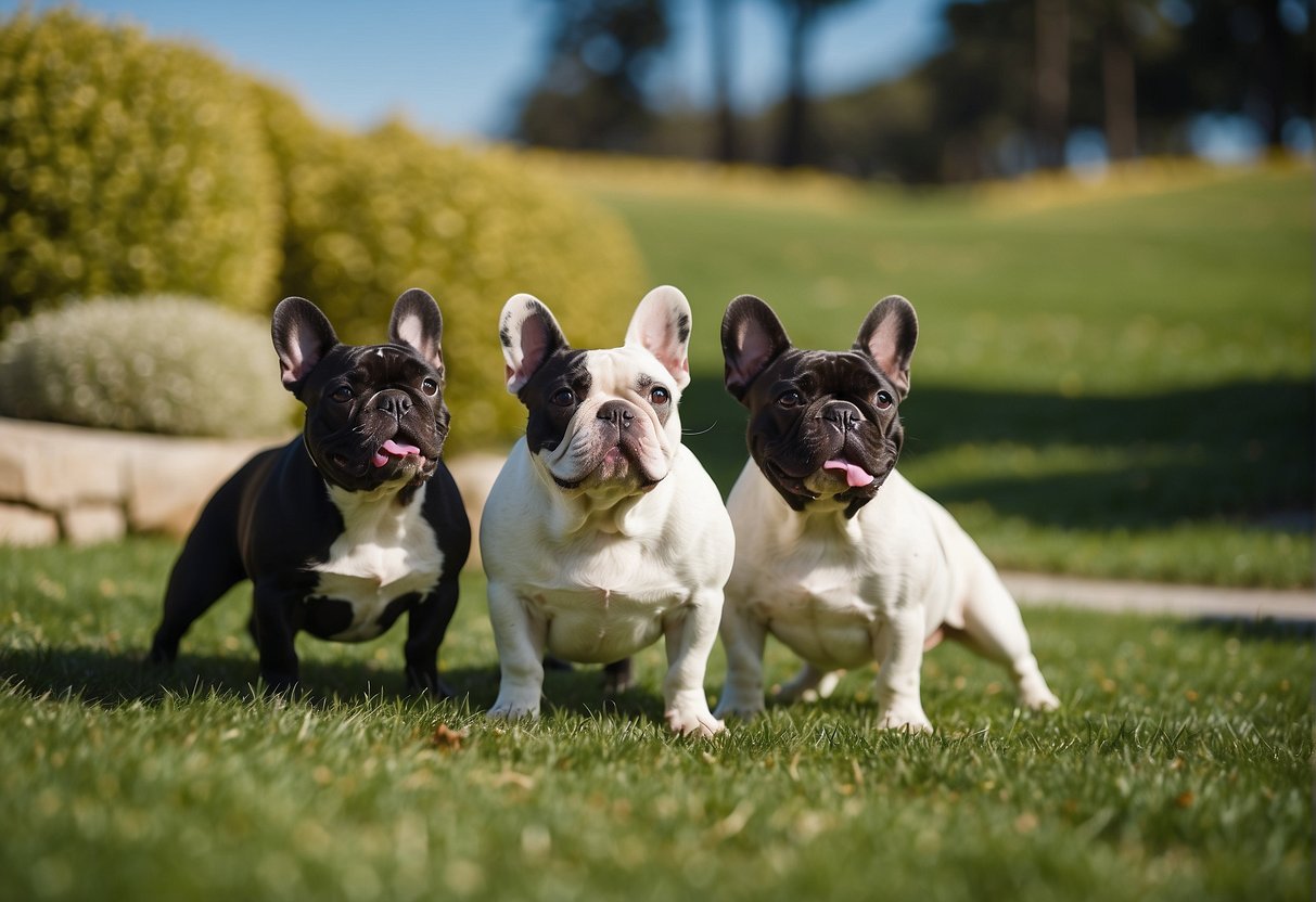 French bulldogs playing in a spacious, well-maintained outdoor area, with green grass and clear blue skies. A few bulldogs are interacting with each other, while others are lounging or exploring the space