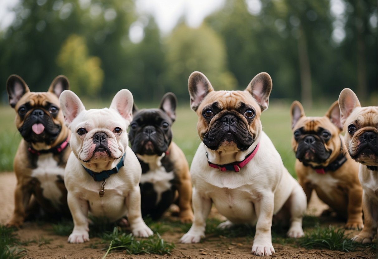 A group of French bulldogs playfully interact in a spacious, clean and well-maintained breeding facility in Hungary. The dogs appear healthy and well-cared for, with ample space to move and play