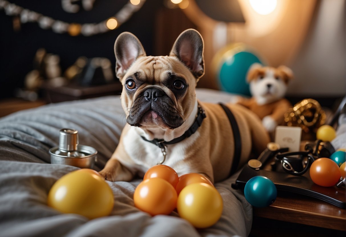 A French Bulldog lounges in a cozy bed, surrounded by toys and grooming supplies. A veterinarian's certificate and healthy food bowls sit nearby