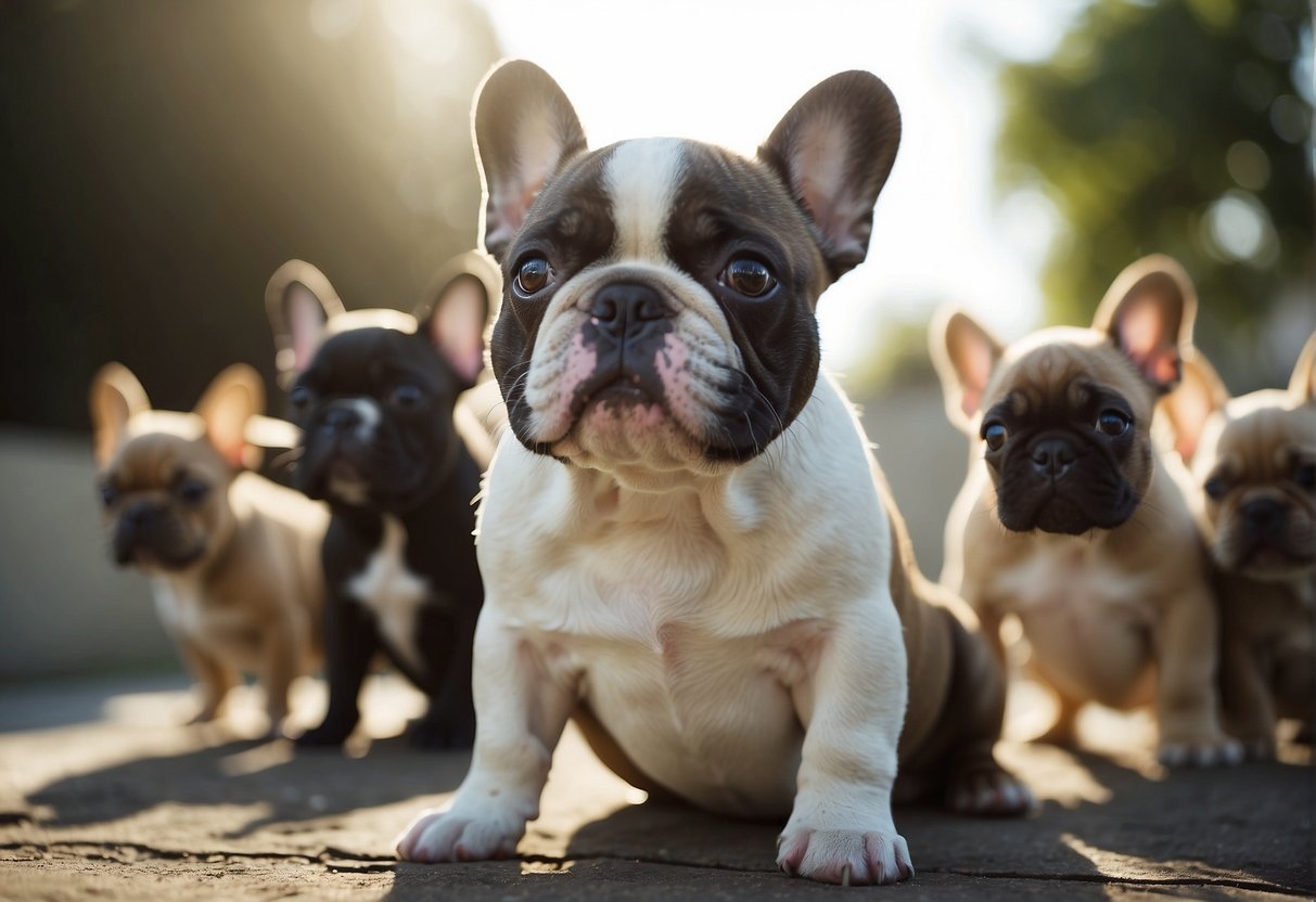 French bulldog puppies playing in a spacious, clean and well-lit area. A caring breeder is seen interacting with the puppies, ensuring their health and happiness