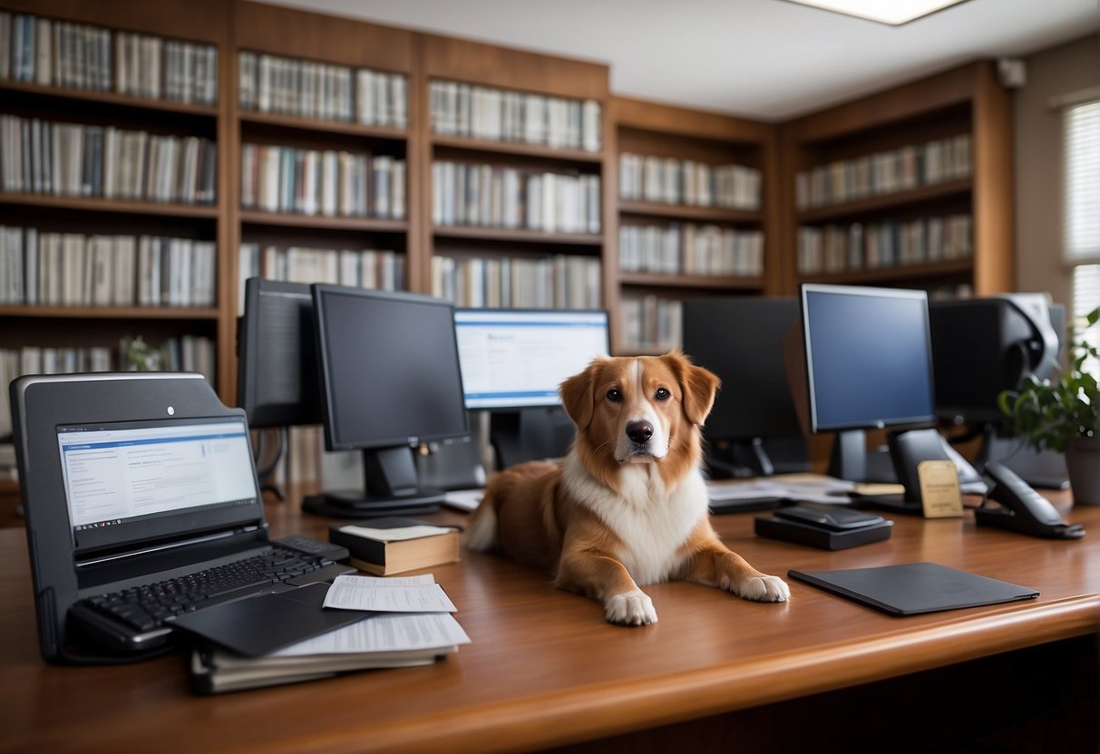 A well-kept, cozy office with shelves of dog breed books, a computer for research, and framed certificates of breeding awards on the wall