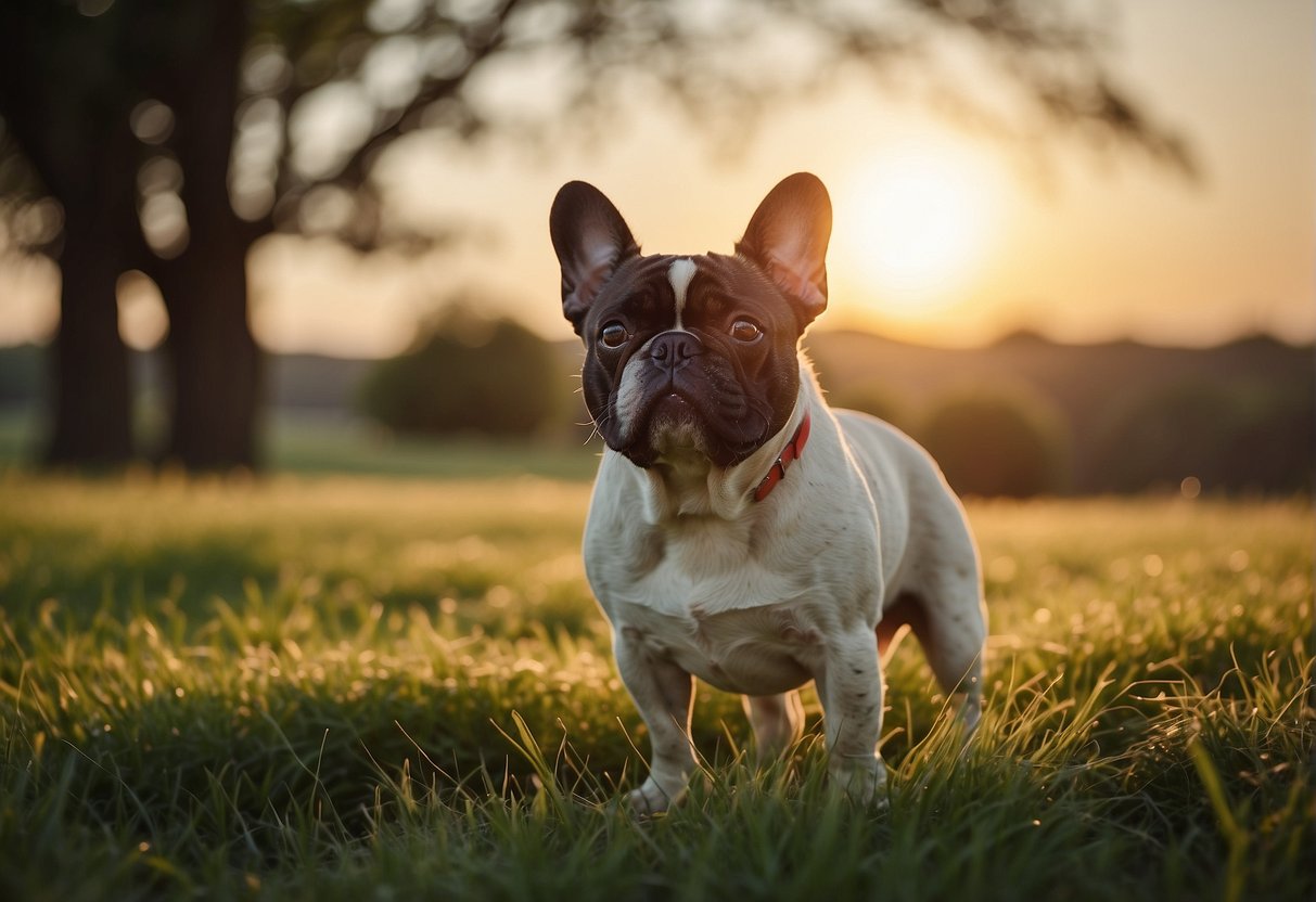 A French Bulldog stands proudly in a grassy field, with a gentle breeze ruffling its ears. The sun sets behind it, casting a warm glow over its wrinkled face