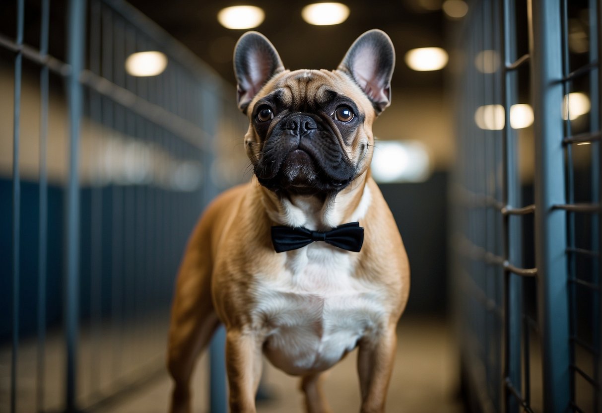 A French Bulldog stands proudly in a spacious, well-kept kennel at a top-rated breeder's facility in Illinois. The dog's coat is shiny and its alert eyes convey a sense of intelligence and loyalty