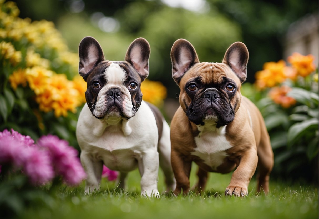 French bulldogs playing in a spacious, well-maintained yard, surrounded by lush greenery and colorful flowers. A sign reads "Best French Bulldog Breeders in Illinois" in bold, eye-catching letters