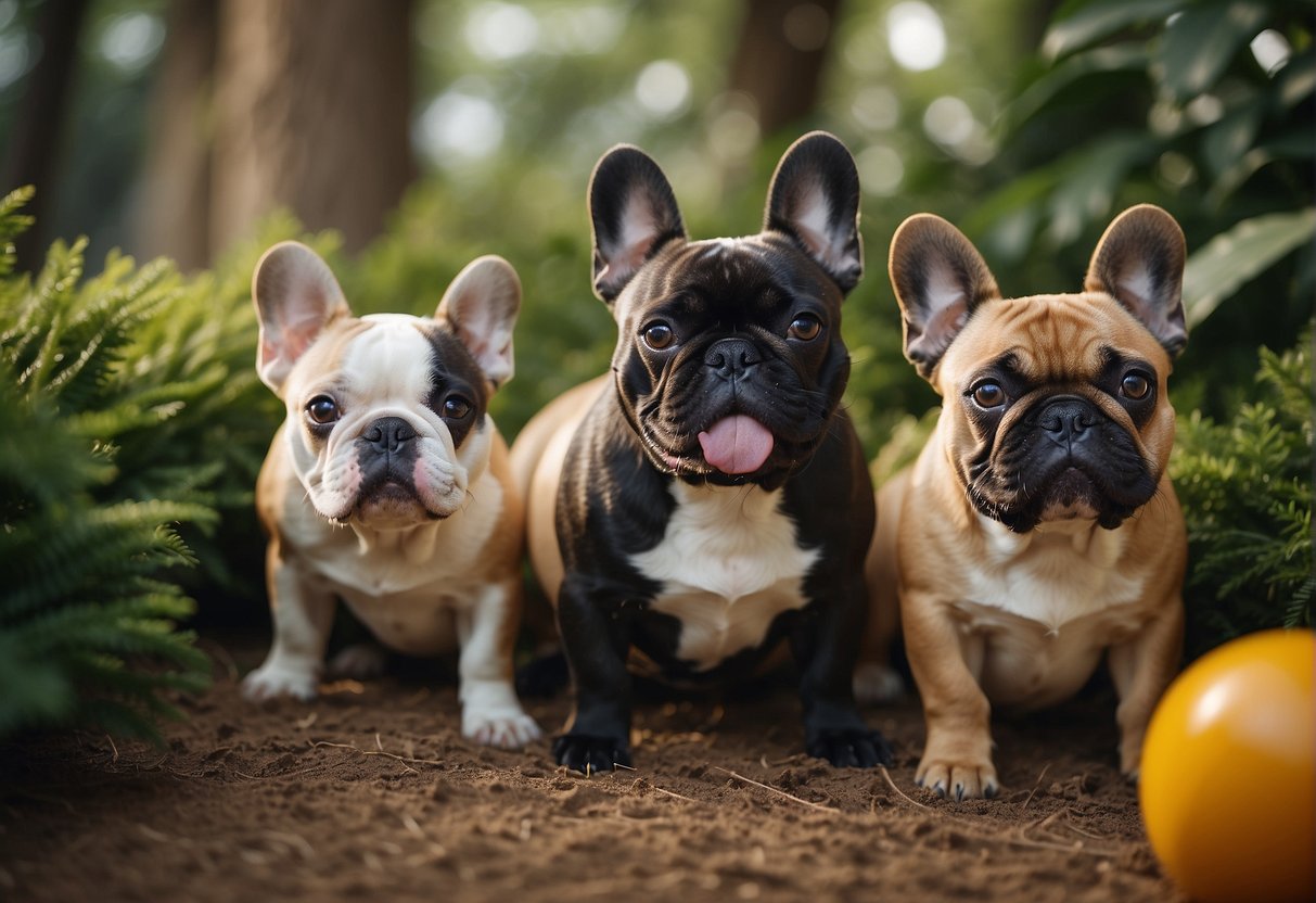 A group of French bulldogs play in a spacious, well-maintained kennel, surrounded by lush greenery and equipped with comfortable bedding and toys