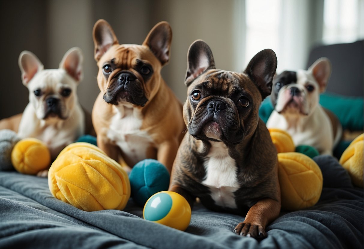 A group of French Bulldogs with various coat colors and patterns stand in a spacious, well-lit room. They are surrounded by toys and comfortable bedding, showcasing their playful and friendly nature