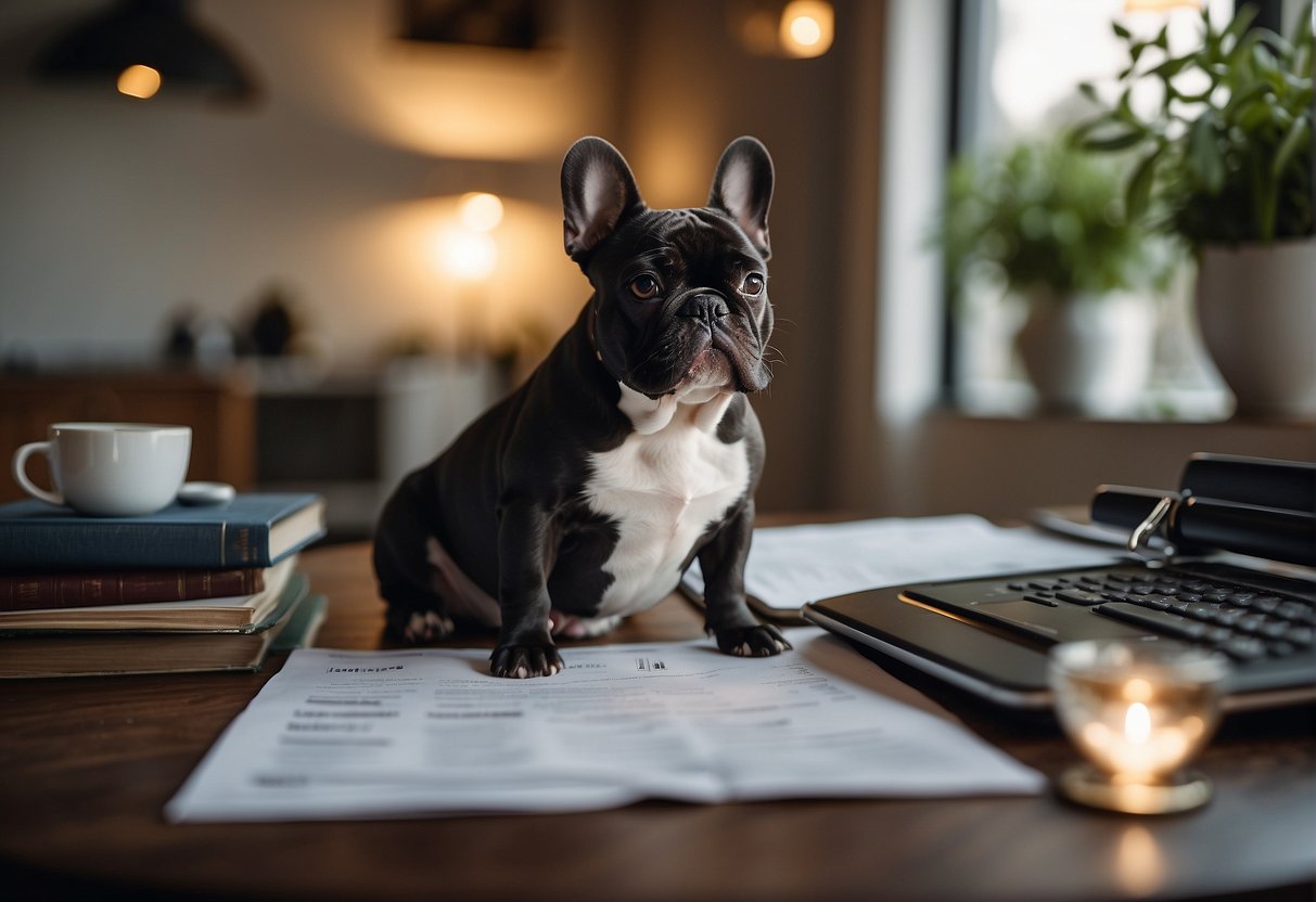 A French Bulldog sits beside a list of ownership costs and considerations, with a reputable breeder's contact details in the background