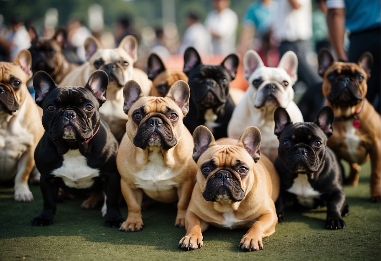 A group of French bulldogs gather at a dog show in India, showcasing their unique characteristics and personalities to potential breeders