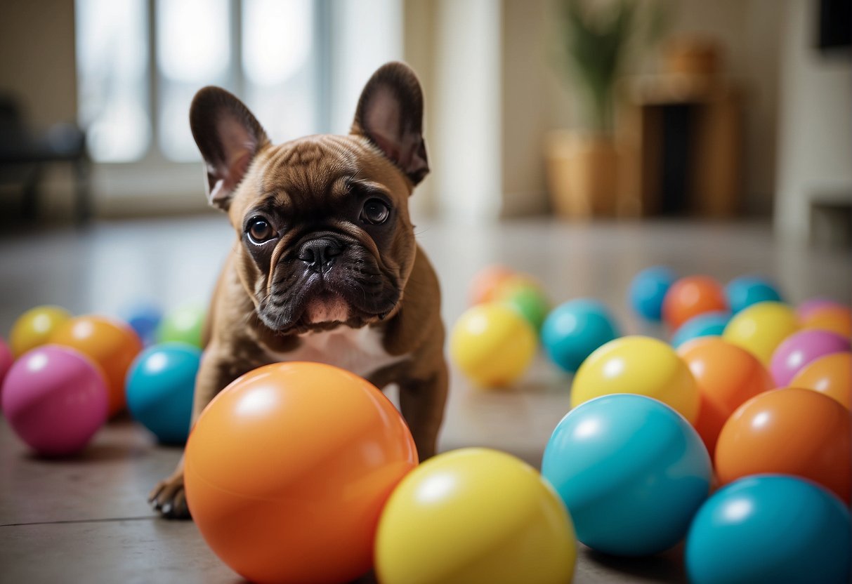 French bulldog puppies playing in a spacious and clean indoor area, with colorful toys scattered around. The breeders are interacting with the puppies, ensuring their well-being