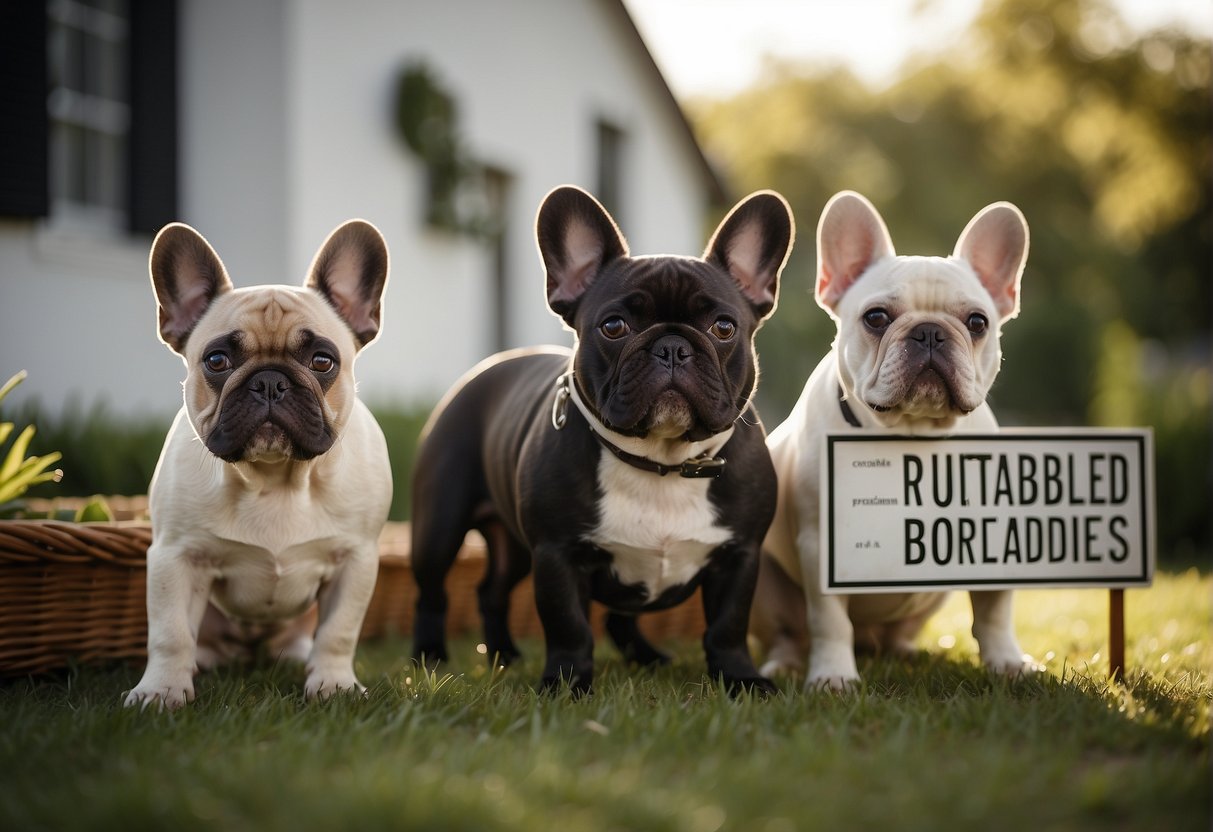 A cozy farmhouse with a sign reading "Reputable French Bulldog Breeders" in Indiana. A group of adorable French Bulldogs play in the yard
